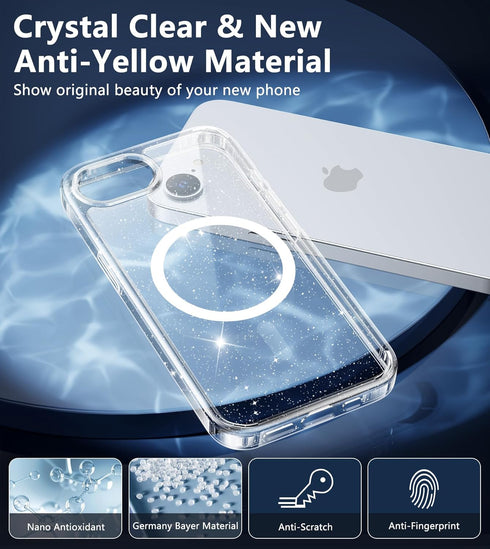 FNTCASE 17e 16e for iPhone Case Magnetic: for iPhone Case Glitter Clear Anti Yellowing Rugged Case Military Grade