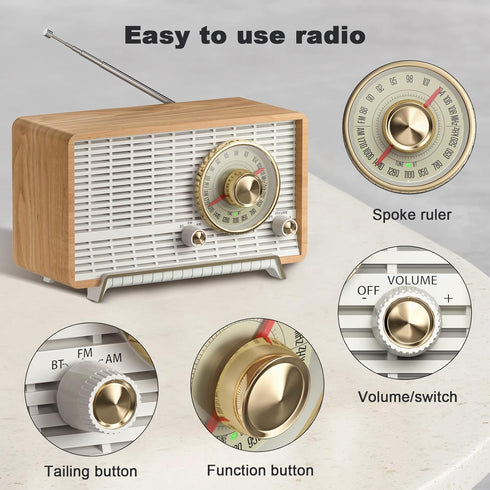 YOWGUIF AM FM Radio Classic Retro Wood Table Radio with Bluetooth Speakers for Home and Office