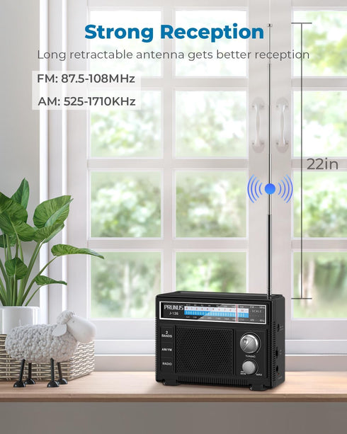 PRUNUS Portable Radio AM FM, Battery Operated and Plug in Wall, Loud Speaker with AUX in and Microphone
