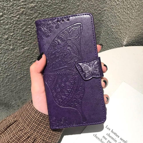 Wallet Case for iPhone SE 2020/2022/iPhone 8/7, Women Butterfly Embossed PU Leather Stand with Card Slots (Purple)