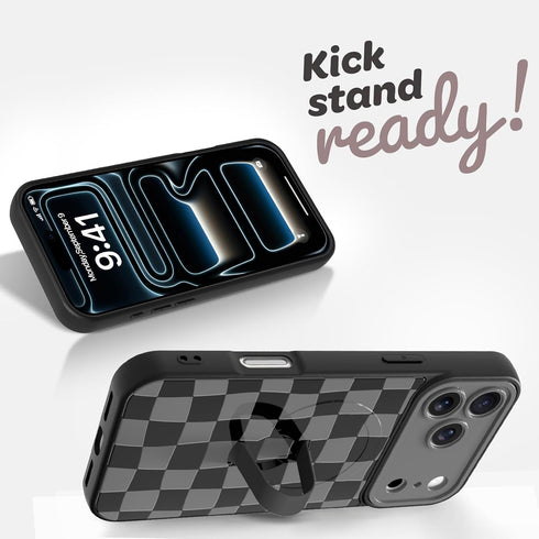 Jefonha 17 17 Magnetic for iPhone Pro Max Case with Finger Strap Stand, Compatible with Magsafe, Cute Checkered