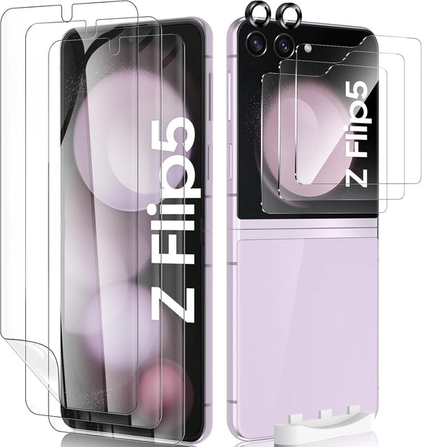 Fotbor Samsung Galaxy Z Flip 5 Screen Protector Pack: 3 Inner Flexible Films, 3 Tempered Glass Back Protectors, 2