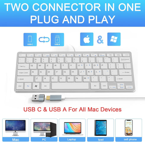 Ultra-Slim 78keys USB-C Mini Wired Keyboard with Media Hotkeys for Apple Mac Pro, MacBook, iMac, Air, Mac Mini, Windows