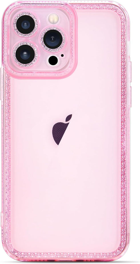 Cute Clear Bling Crystal Diamond iPhone 12 Pro Case with Sparkle Camera Lens Protector, Soft TPU Cover for Women, Pink.