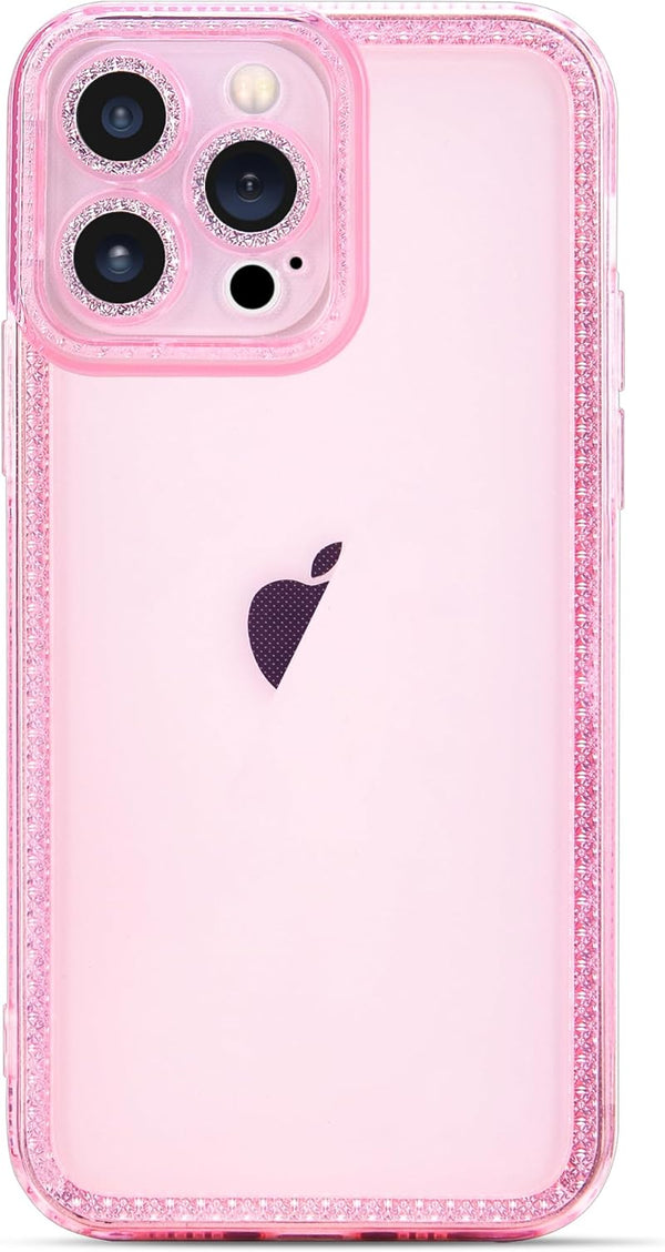 Cute Clear Bling Crystal Diamond iPhone 12 Pro Case with Sparkle Camera Lens Protector, Soft TPU Cover for Women, Pink.