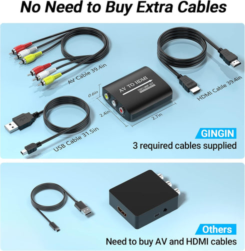 RCA to HDMI Converter, GINGIN 1080p/720p AV to HDMI Converter for TV, PC, and Game Consoles