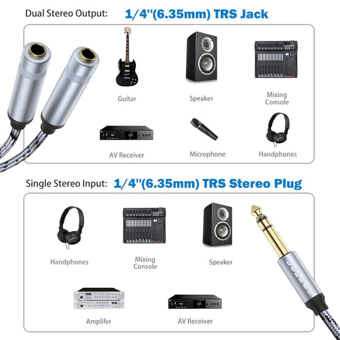 1/4 Splitter Adapter Cable 12 inches, 6.35mm Stereo Plug Male to Dual 6.35mm Jack Female Y Splitter Cable, 30cm / 12 inches