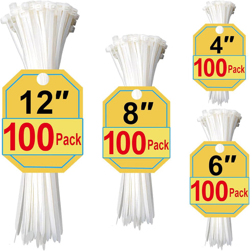 SiKuLin White Zip Ties Assorted Sizes 4+6+8+12 Inch, 400 Pack, Clear Zip Ties,