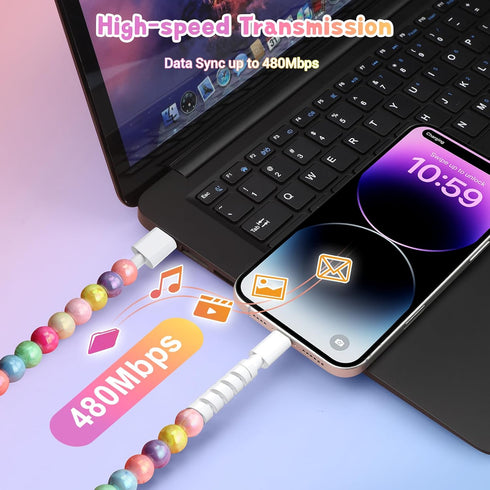 66W 3.3FT 14 13 12 11 8 7 6 Aolcev for iPhone Charging Cord Fast Charger Cable MFi Certified Cute Beaded Phone Charger