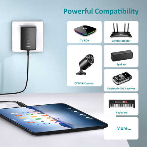 Universal 9V 2A AC Power Supply Adapter, 100-240V AC to DC for LED Strip Light, CCTV, Toys