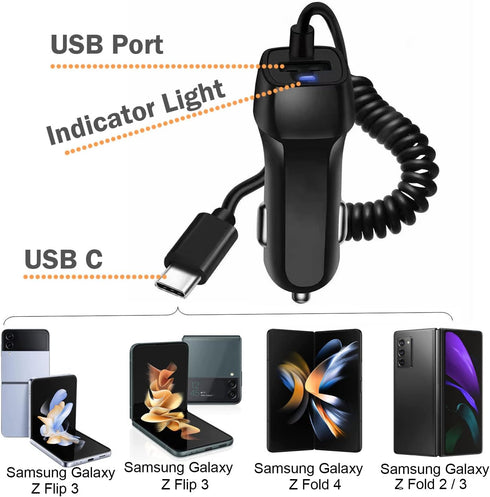 Car Phone Charger for Samsung Galaxy Z Flip 5 5G, Flip 4, Flip 3, Z Fold 5, Fold 4, Fold 3, Fold 2 Car Charging Cord Extra USB Port with Integrated Power Cable for Samsung Galaxy, Nokia, Switch(Black)