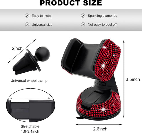 FSTURIOS 360 Bling Cell Phone Holder, Adjustable Rhinestone Car Phone Mount with Air Vent Base, Universal Shiny Crystal