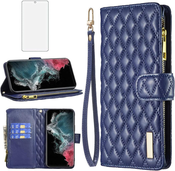 Asuwish Wallet Case for Samsung Galaxy S22 Ultra 5G - Leather Flip, Credit Card Holder, Tempered Glass, Blue.