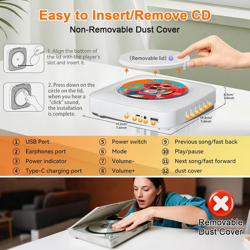 Gueray 1800mAh MP3 Portable CD Player Bluetooth: CD Players for Home Rechargeable Desktop Wall Portable CD Player