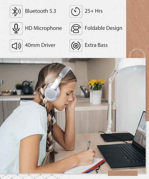 rockpapa E8 Over The Ear Bluetooth Headphones with Microphone for Kids, Foldable Wired/Wireless Headphones, Include