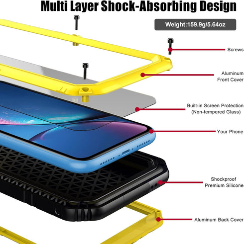 Beasyjoy Metal Case for iPhone XR, Waterproof Heavy Duty with Built-in Screen Protector, Rugged Defender Case (Yellow)