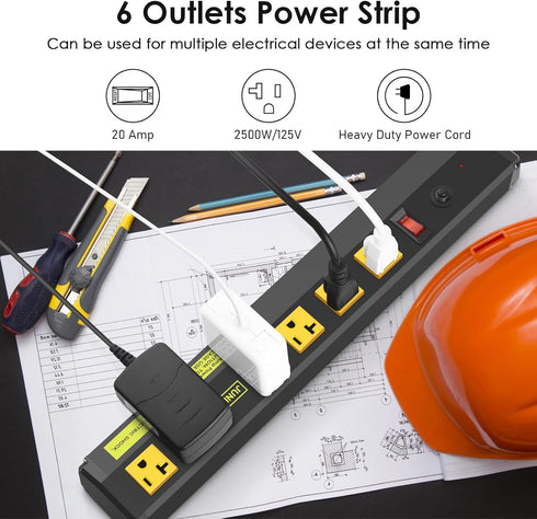 JUNNUJ Heavy Duty Metal Power Strip 20 Amp, 6 Outlet Surge Protector with Circuit Breaker