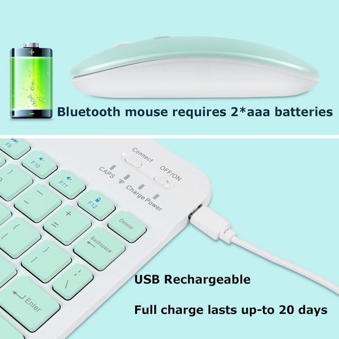 Bluetooth Wireless Keyboard and Mouse Combo, Ultra-Slim Ergonomic Rechargeable Set for Apple iPad iPhone Samsung (Green)