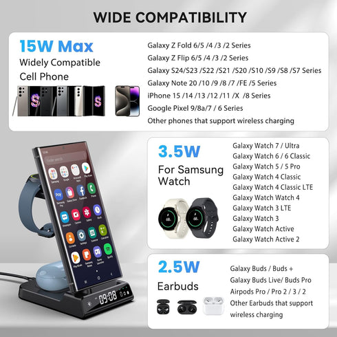 Wireless Charger for Samsung with Clock, 3 in 1 Charging Station for Samsung Galaxy S24 Ultra/S23 Ultra/Z Flip 6/5/Fold