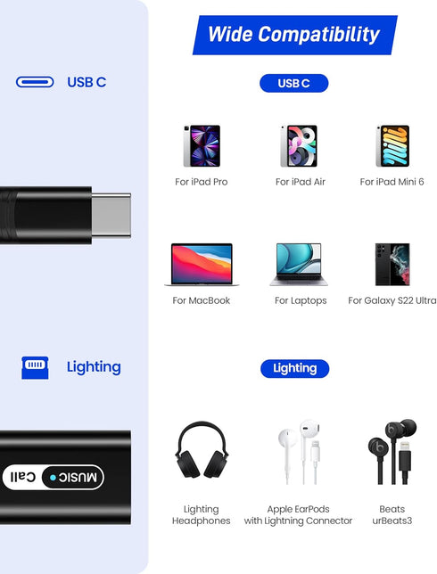 USB C to Lightning Headphone Audio Adapter for iPhone 15, iPad Pro 10, Air 5, Mini 6, MFi Certified Converter