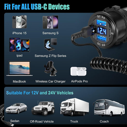 12V USB C Outlet - 78W 4 Ports Aluminum Car Charger Socket with Dual PD 30W and Dual QC 18W, Voltmeter, C to C Cable