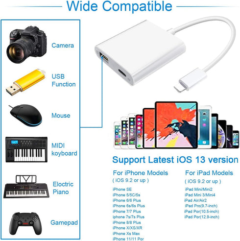 Lightning to USB3 Camera Adapter with Charging Port, Lightning Female USB OTG Cable Adapter for Select iPhone,iPad Models Support Connect Camera, Card Reader, USB Flash Drive, MIDI Keyboard (WHITE) by WORLDBOYU