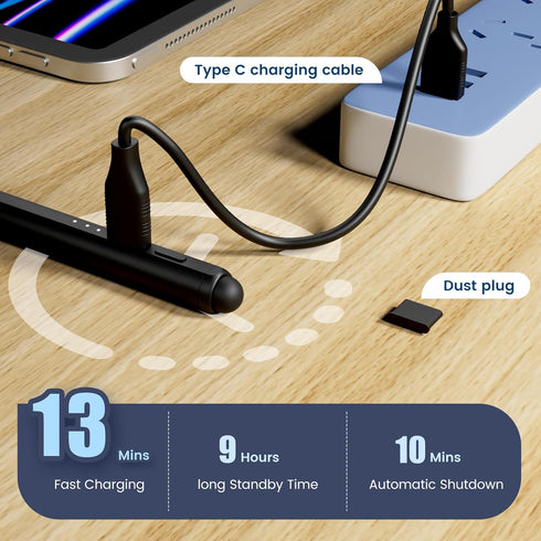 Stylus Pen for iPad, 13 mins Fast Charge Apple iPad Pencil, Dual-Tip Active Stylus, Palm Rejection, Tilt Sensitivity,