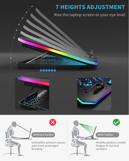 KeiBn Upgrade Laptop Cooling Pad, RGB Lights with 6 Fans for 15.6-17.3 Inch Laptops, 7 Height Stands, 10 Modes Light, 2