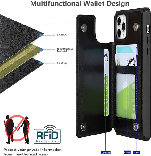 iCoverCase Wallet Phone Case for iPhone 11 Pro Max, RFID Blocking Card Holder, Embossed PU Leather with Wrist Strap