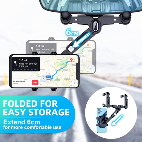 Phone Mount for Car, 360 Rotatable and Retractable Holder for Universal Rearview Mirror Cell Phones