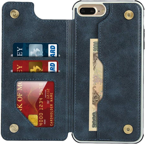Cavor Wallet Case for iPhone 7 Plus and 8 Plus, Card Holder with Strap, PU Leather Shockproof, Blue