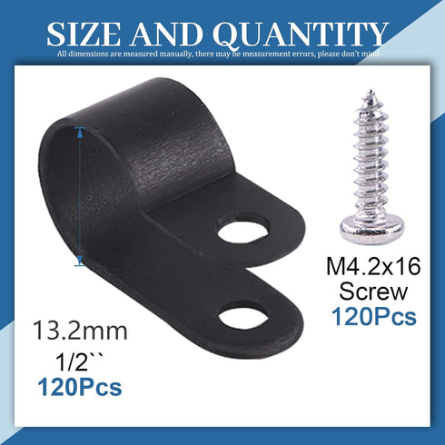 Glarks 120Pcs 1/2 Inch Black Nylon R-Type Cable Clip Wire Clamp with 120Pcs Screws for Wire, Cable, Conduit