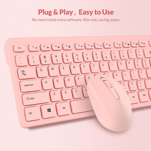 Rii Wireless Keyboard and Mouse Combo, Standard Office PC Keyboard with Optical Wireless Mice in Pink