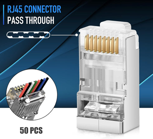 Shielded RJ45 Cat6 Cat 6A Connectors - Pass Through Connector Gold Plated 3 Prong 8P8C Modular Plugs for FTP/STP Stranded Ethernet Cable & Solid Wire - 50 Pcs/Jar by JODROAD