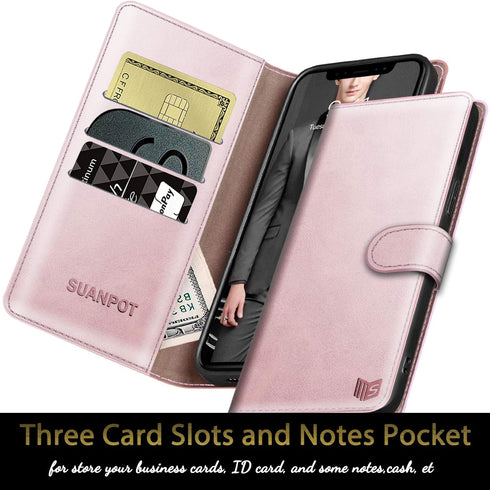 SUANPOT Leather Wallet Case for iPhone 12 Pro Max, RFID Blocking Credit Card Holder, Flip Folio Magnetic Cover, Rose