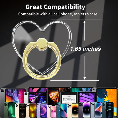 Transparent Clear Cell Phone Ring Grips Holder, Finger Ring Stand for Apple iPhone Samsung Galaxy, Crystal-Heart-Gold
