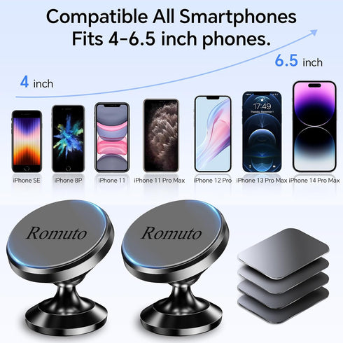 Magnetic Phone Holder for Car Dashboard, 2-Pack with Strong Magnet & 4 Metal Plates, 360° Rotation Universal Dash Mount