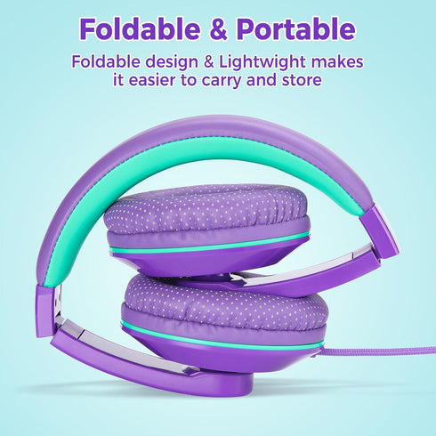 rockpapa Comfort+ Kids Headphones with Microphone, Boys Girls Student Over-Ear Wired Headphones for School, Purple Green
