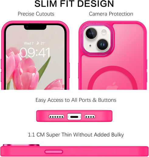 BENTOBEN iPhone 14 Plus Case - Slim Shockproof Magnetic Cover, Translucent Matte Hot Pink, Compatible with MagSafe, 6.7"