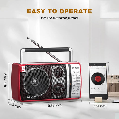 LEOTEC AM FM Radio, Portable Bluetooth Radio, Battery Operated, Best Reception with Headphone Jack, Handheld (Red)