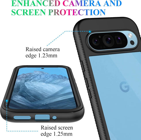 wahhle Case for Google Pixel 9/9 Pro, Built-in Screen Protector, Full Body Shockproof Slim Fit Bumper Cover, Black/Clear