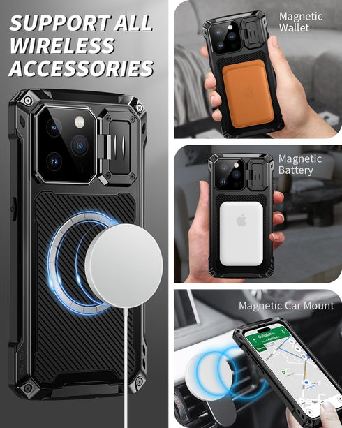 Lanhiem Metal Case for iPhone 15 Pro Max, Heavy Duty Shockproof Cover with Built-in Camera Kickstand & Glass Protector