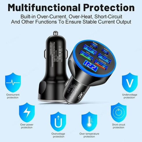 Super Fast Charge USB C Car Phone Charger Adapter, 6 in 1 with Voltage Display, 250W Multi Port Cigarette Lighter for