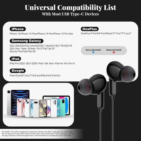 USB C Headphones, Type C Earphones for Samsung S24/S24 Plus/S24 Ultra Wired Earbuds with Microphone Volume Stereo