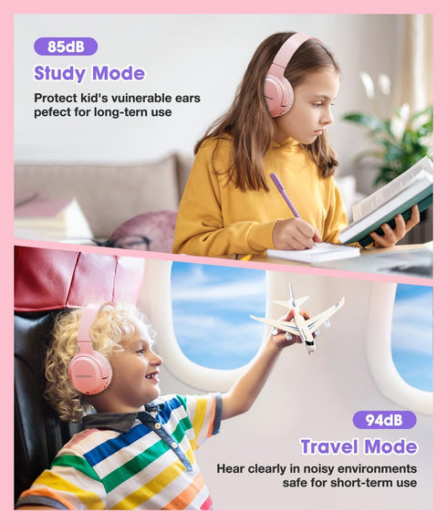 Kids Headphones Wireless 60H, Foldable On Ear Headphone with MIC, Volume Limiter 85dB/94dB Wireless & Wired Headphones, Over-Ear Headphone for Kid Adult School Online Class Travel, Pink