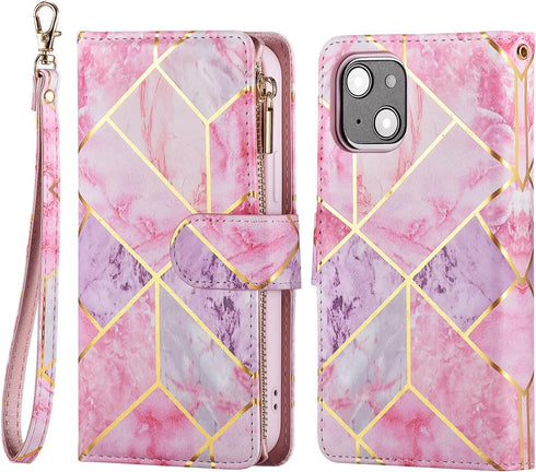 UEEBAI 13 6.1 inch, Wallet Case for iPhone Premium Vintage PU Leather Magnetic Closure Handbag Zipper Pocket Case