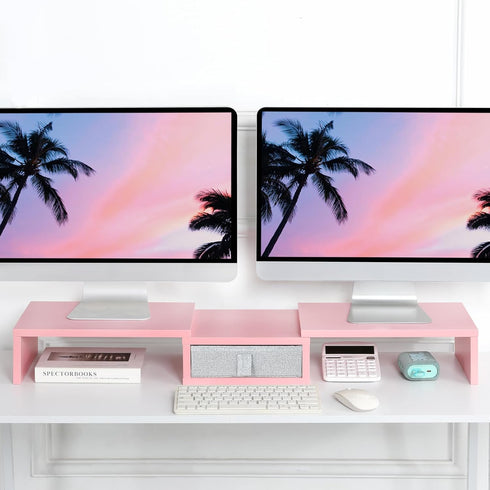 TEAMIX Pink Dual Monitor Stand Riser with Drawer - Adjustable Length and Angle for 2 Laptop/PC/Screen/TV (1 Drawer)