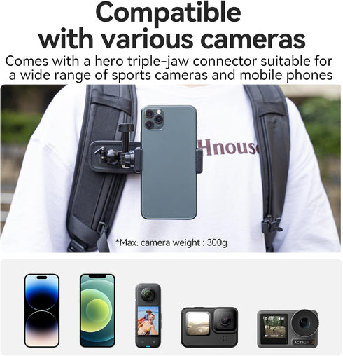 360 Swivel Backpack Clip Mount with Phone Holder, Bag Belt Shoulder Strap Accessory for GoPro Max Hero and DJI Action