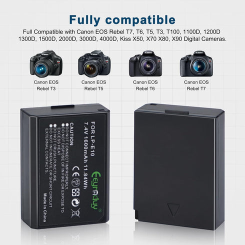 LP-E10 Battery and Dual Charger for Canon EOS Rebel T7 T6 T5 T3 T100, Kiss X50 X70, 2-Pack 1600mAh