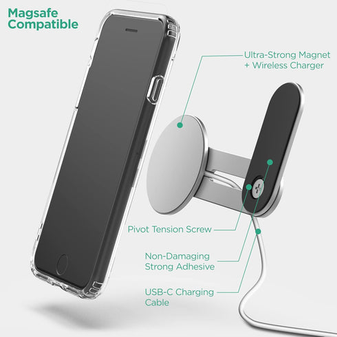 GALVANOX MagSafe Desktop/Laptop Charger Stand - Magnetic Wireless Charging for iPhone 12/13/14 (15W) Desktop Computer Phone Holder Mount (Aluminum Silver)